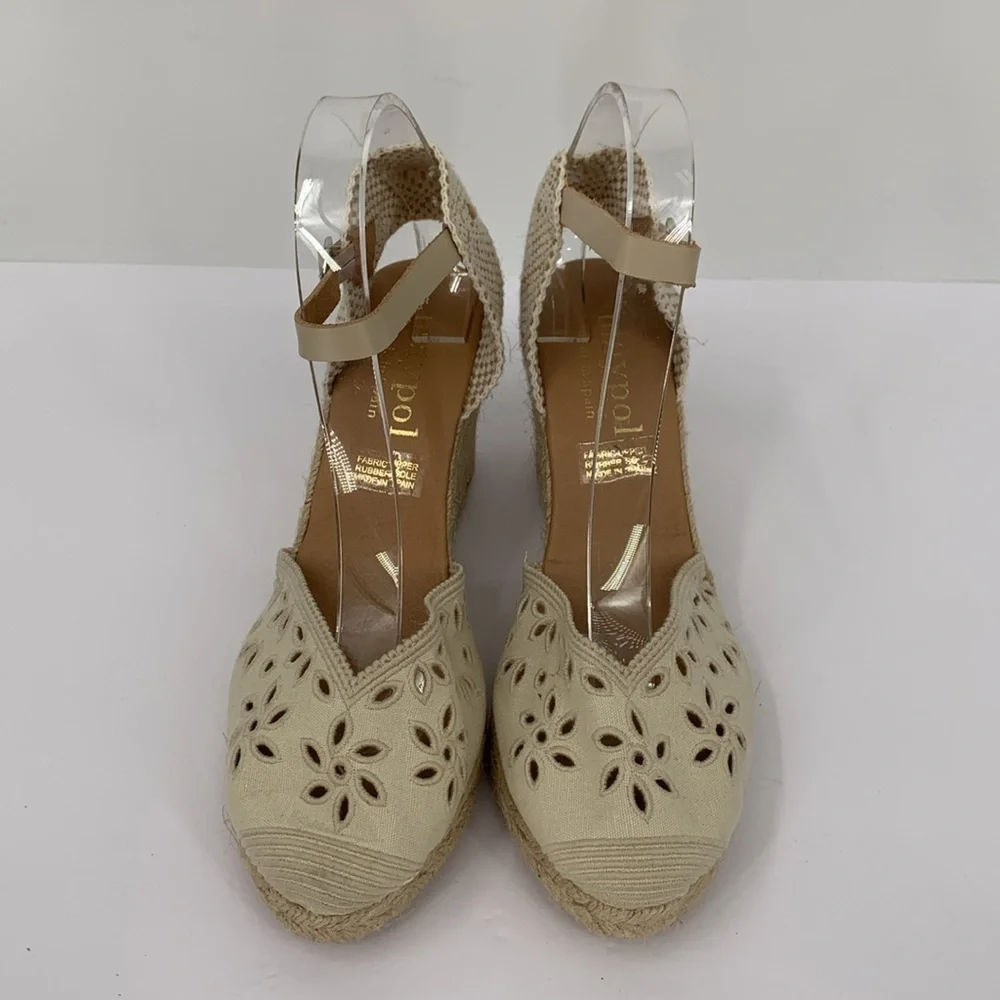 Maypol Espadrille shoe wedge platform eyelet floral tan brown Jute cut-out 41 10